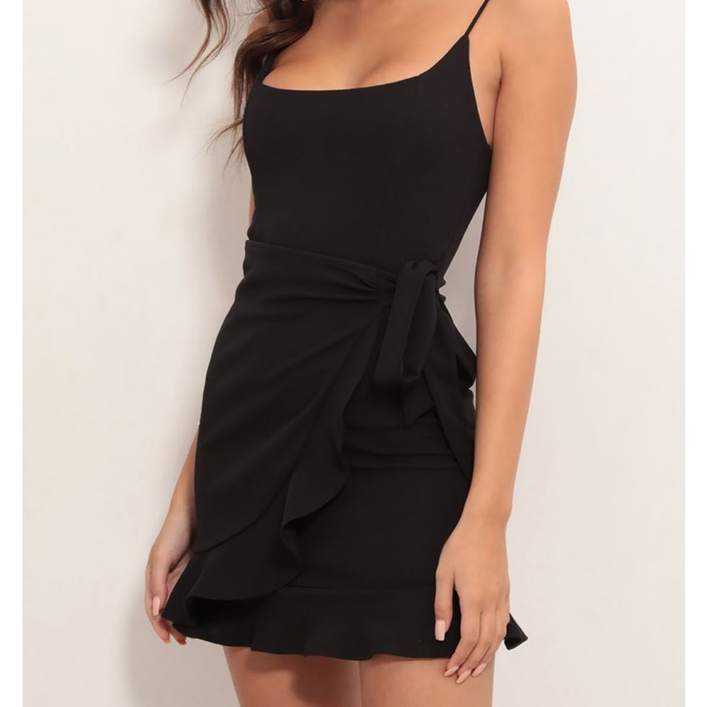 White Fox Black Mini Ruffle wrap dress